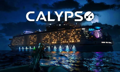 Calypso packshot: logo over a cruise ship at night