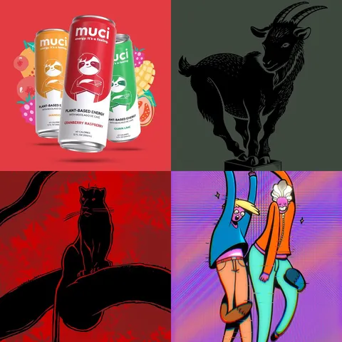 Brand work: Muci cans, goat mascot, panther and dancers illustrations