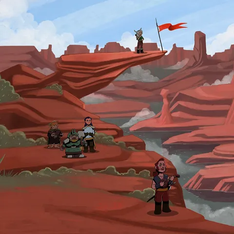 N-RPG: the adventuring party in a red canyon
